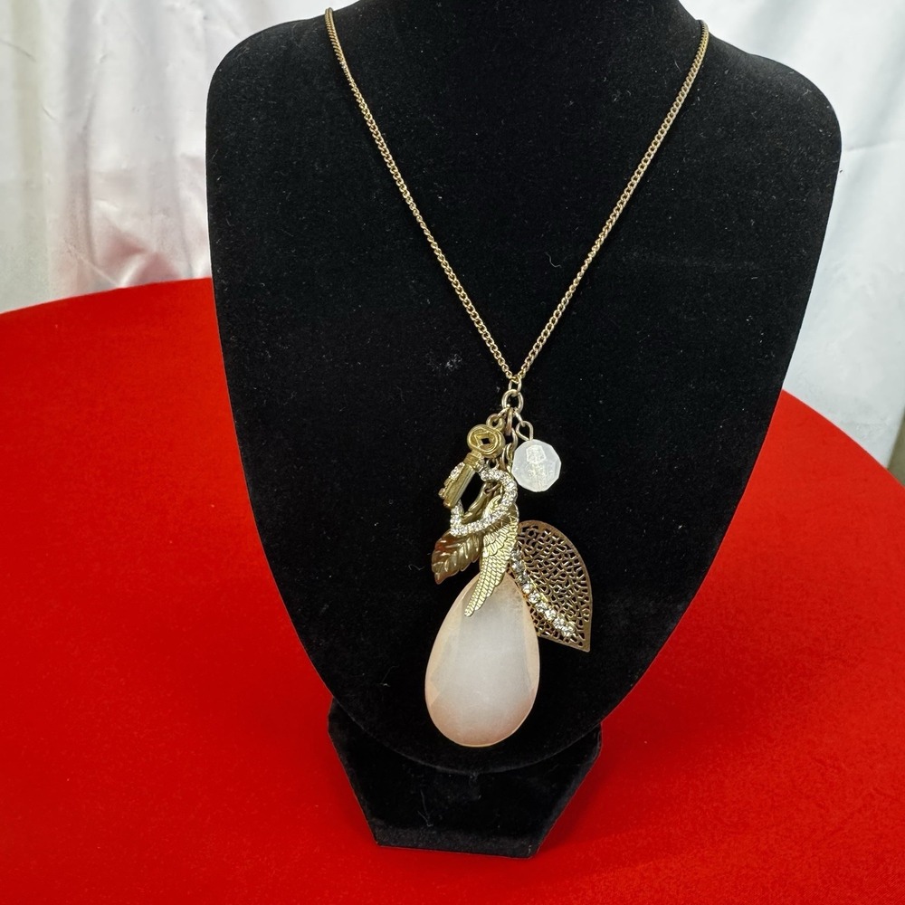 Gold Tone Charm Necklace, Feather, Key, Heart Boho Inspired
